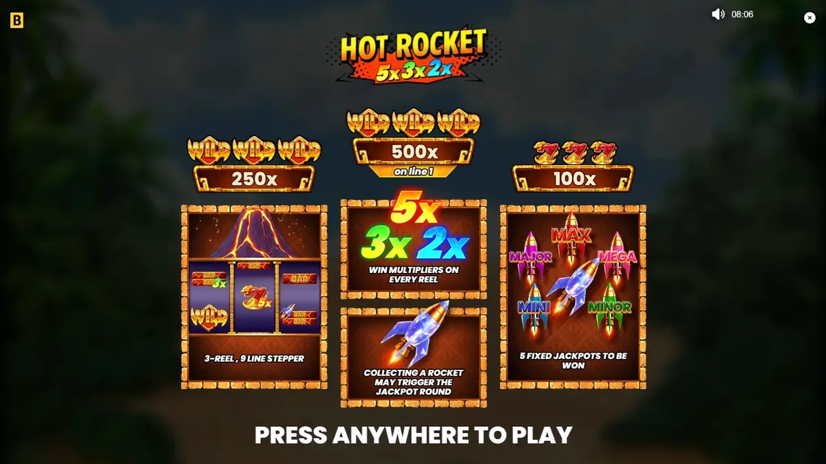 Hot Rocket 5x 3x 2x স্লট গেমের ইন্টারফেস এবং আগ্নেয়গিরির থিম